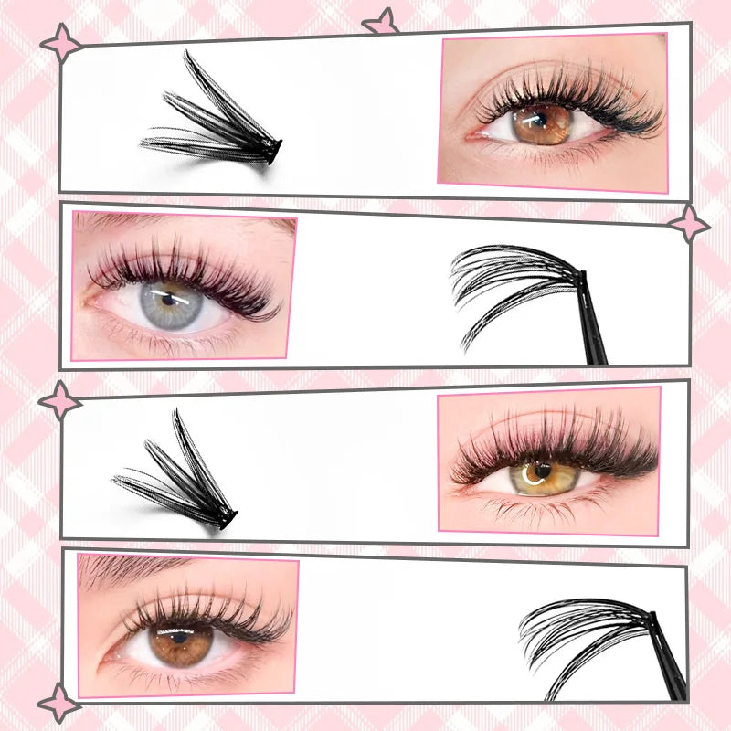 Eyelash extension clusters shown before & after application on diverse eyes. DIY lash tufts for a customizable, natural lash