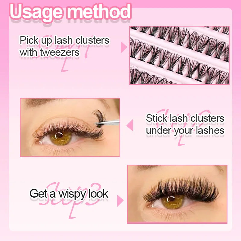 DIY eyelash extension tutorial, showing how to pick, stick and get a wispy look with cluster lashes. Usage method.