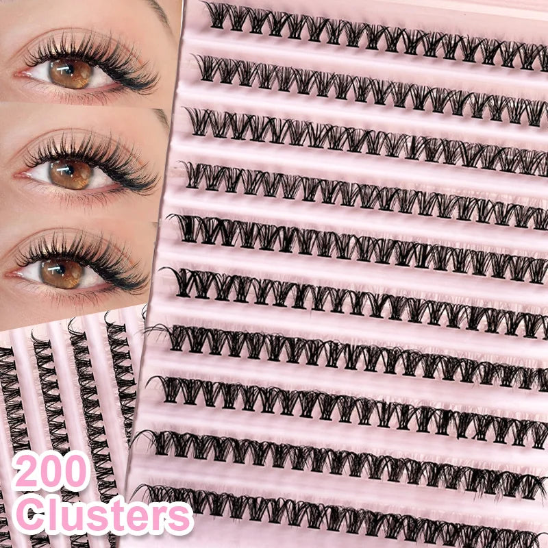 Individual eyelash clusters: 200 lash tufts in mixed tray for DIY eyelash extensions. Natural look, volume lashes.