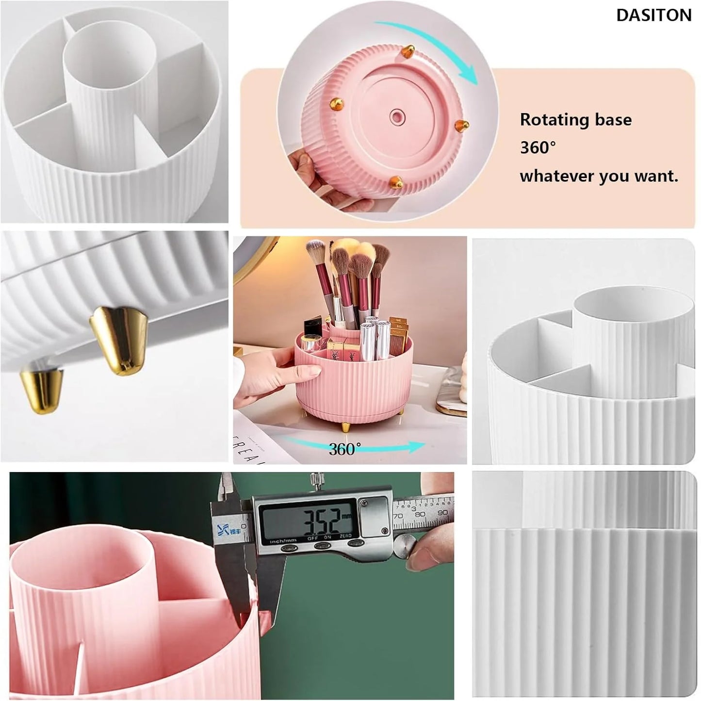 360° rotating makeup organizer details: rotation, size dimensions (35.2 mm), & storage capacity for cosmetics/jewelry.