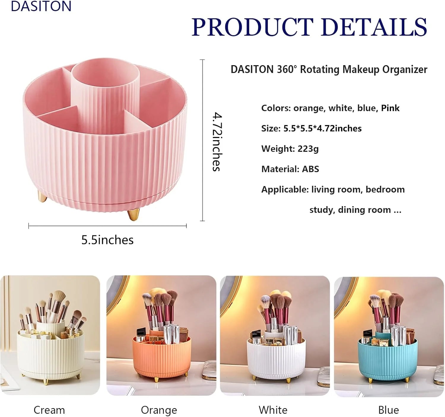 360° Rotating Makeup Organizer details: dimensions (5.5*5.5*4.72 inches), colors (orange, white, blue, pink), and applicable