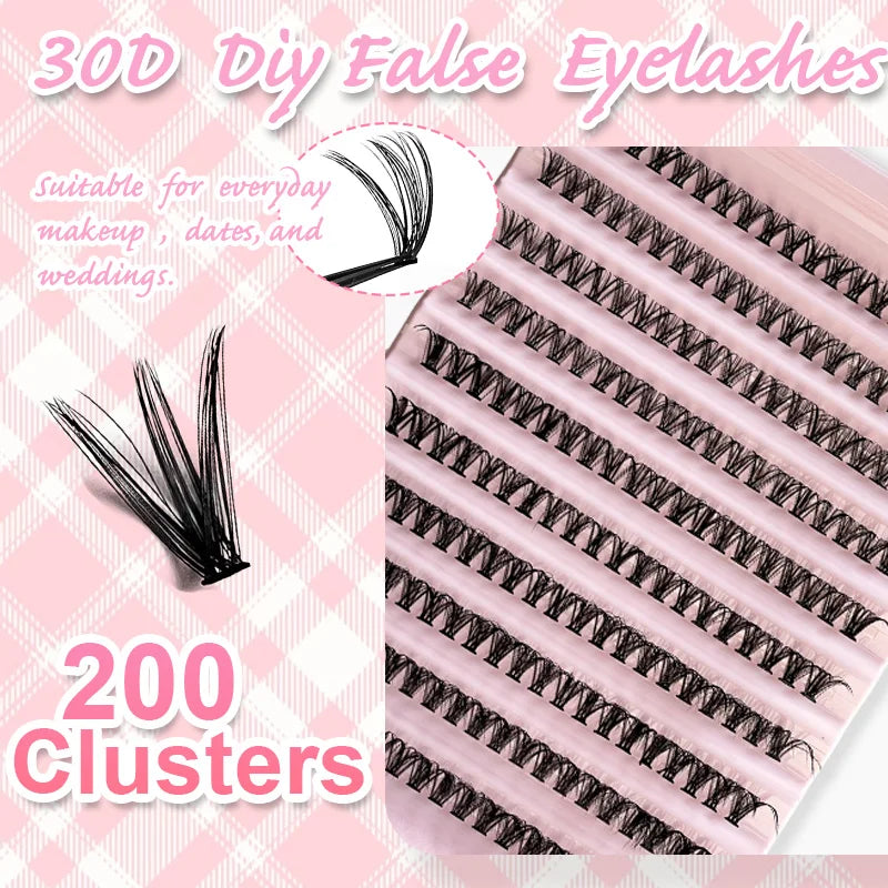 DIY lash extension kit showing individual 3D cluster lashes, 200 clusters in a tray, for natural-look everyday makeup,