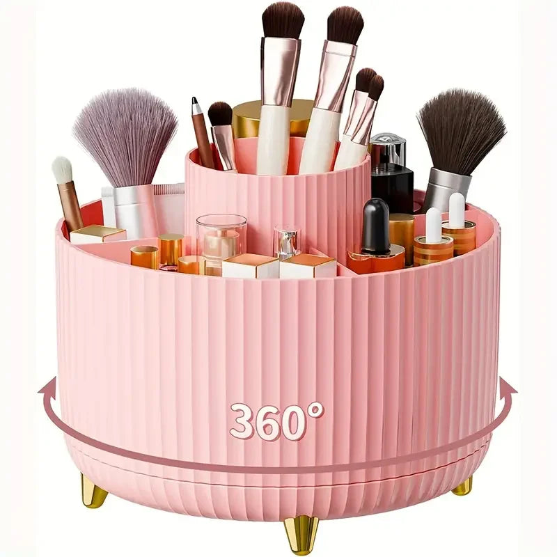 360° rotating makeup organizer filled with brushes, lipstick, and jewelry, providing desktop cosmetic storage solution.