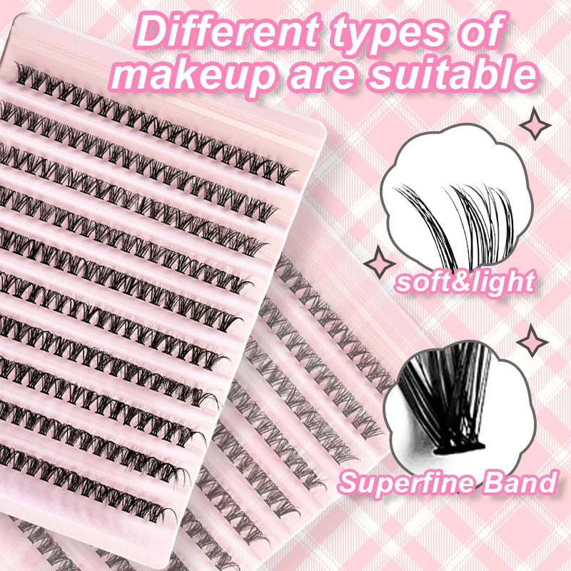 Close-up showcasing individual cluster lashes (8-16mm) in a mixed tray, highlighting their soft & light feel and superfine